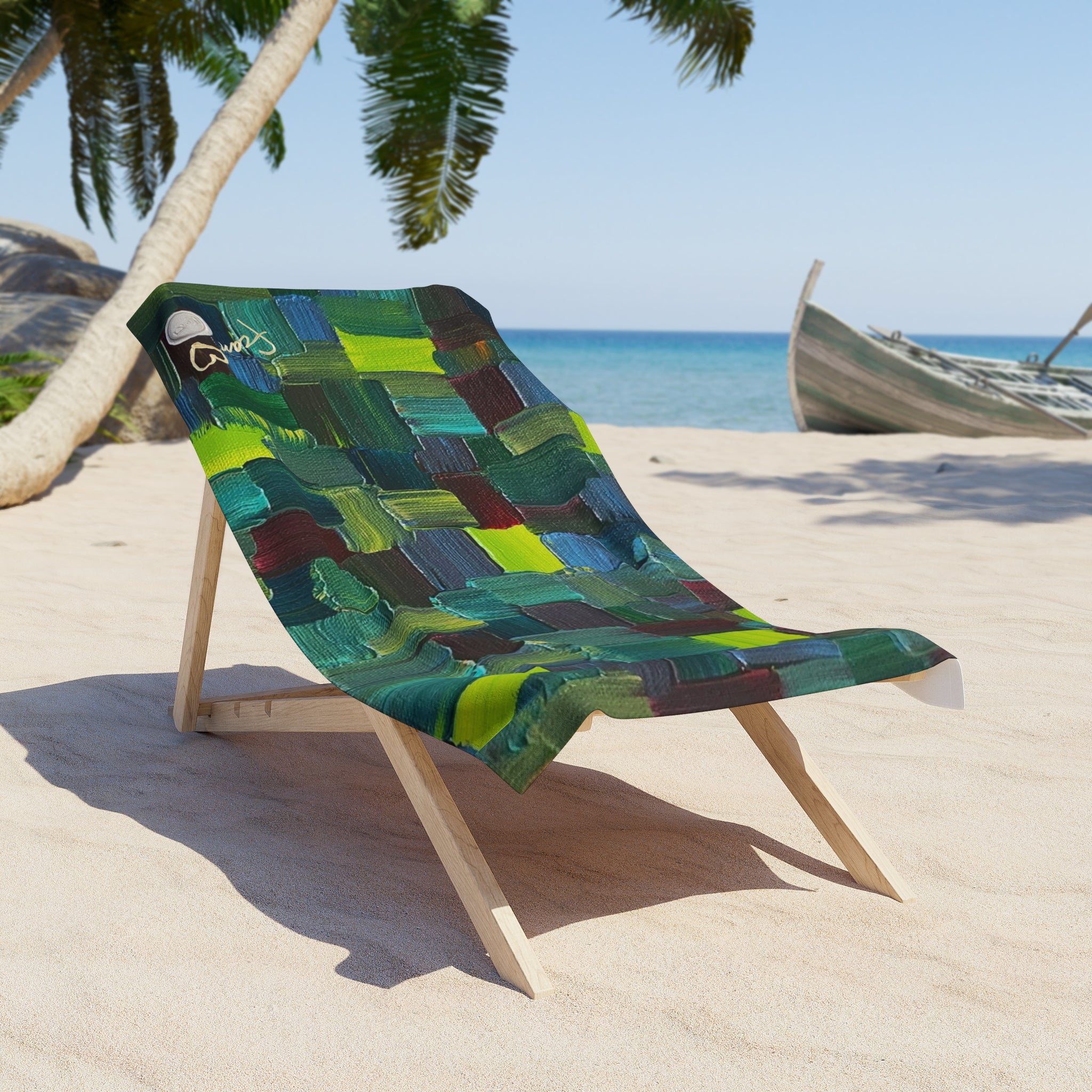 Abstract Green Patchwork Beach Towel — Modern Geometric Summer Towel