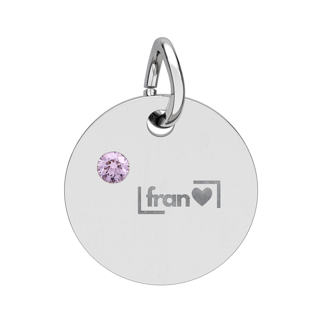 Engravable Birthstone Circle Charm — Personalized Initials & Pink Gem