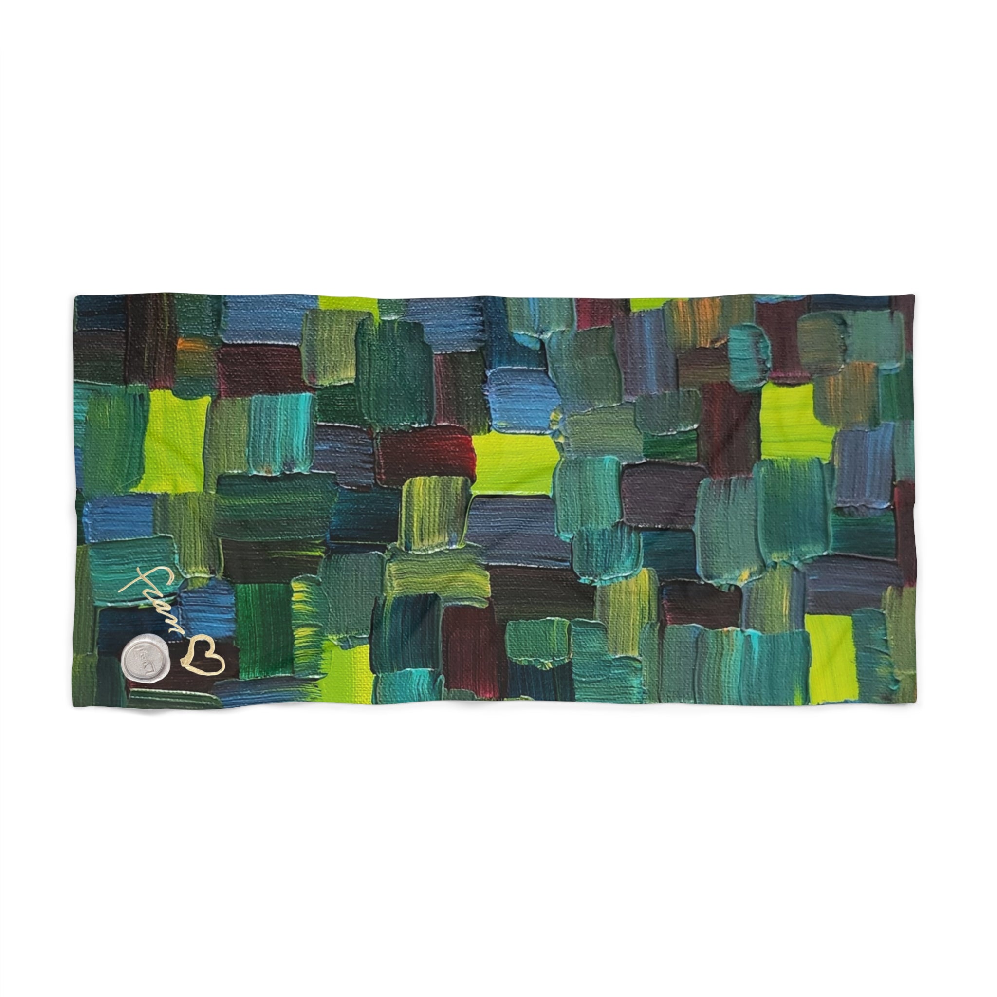 Abstract Green Patchwork Beach Towel — Modern Geometric Summer Towel